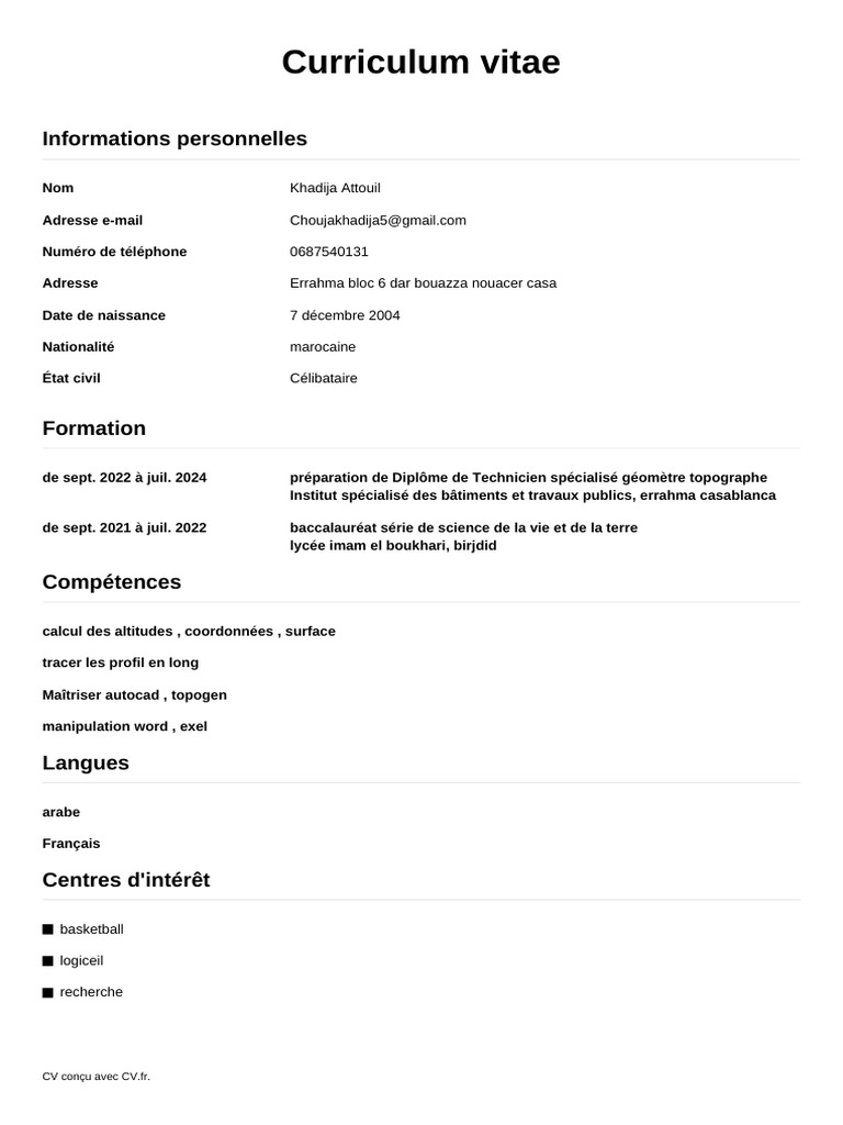 CV de Khadija Attouil - Géomètre Topographe | PDF