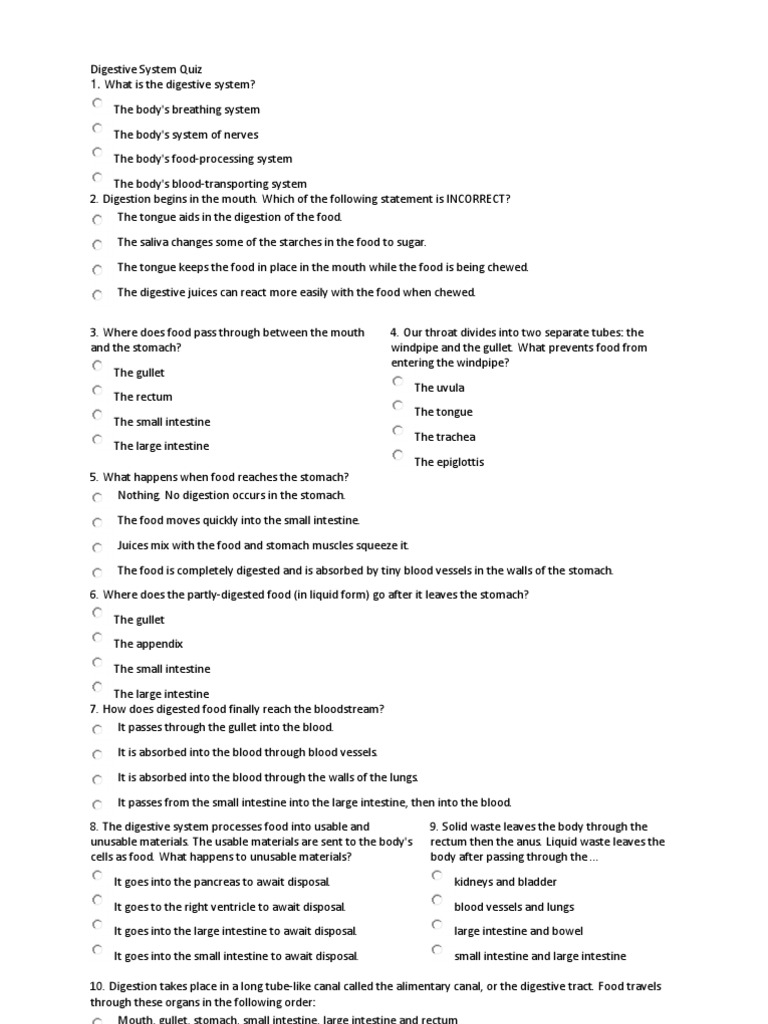 Digestive System Quiz PDF Gastrointestinal Tract Digestion