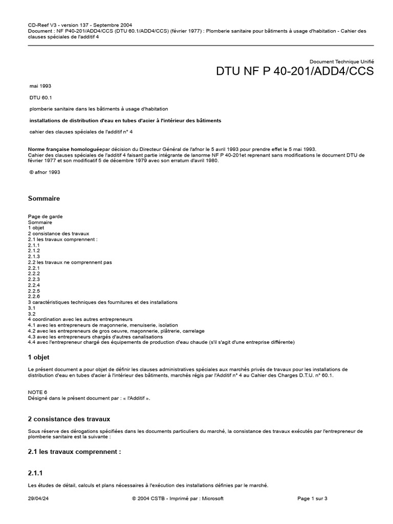 DTU 60.1 : Plomberie Sanitaire Normes | PDF | Code de la construction ...