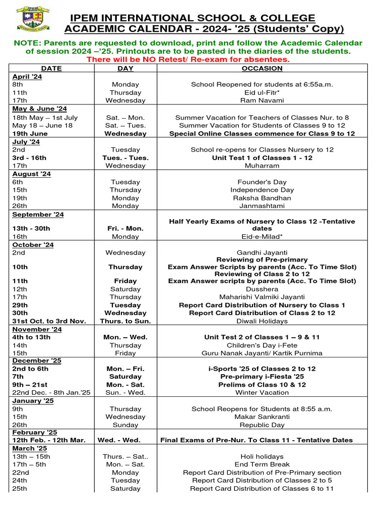IPEM International School Calendar 2024-25 | PDF | Holidays | Observances