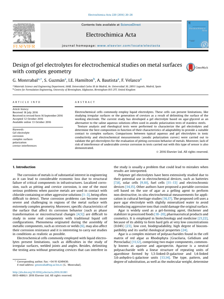 Design of Gel Electrolytes For Electrochemical Studies On Metal ...