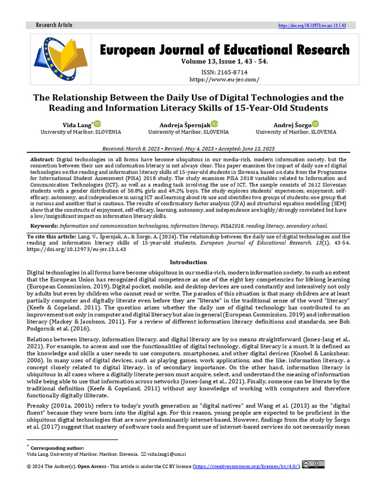 Digital Tech Use and Literacy in Teens | PDF | Literacy | Information ...