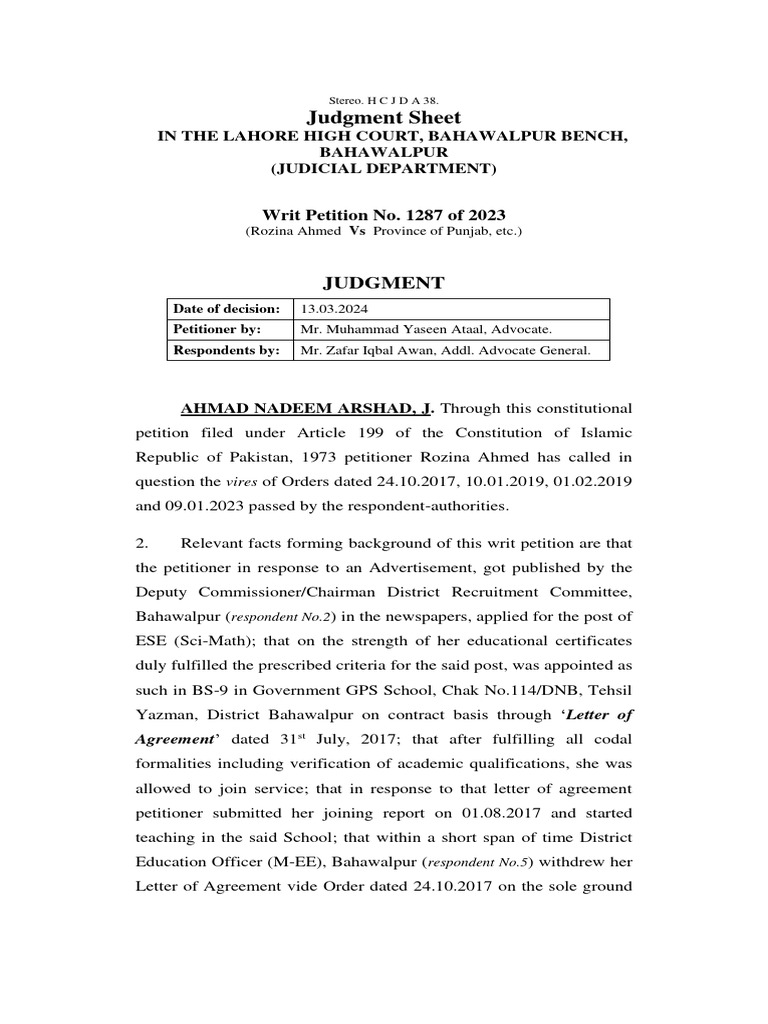 2024LHC1233 Lahore High Court | PDF | Judgment (Law) | Separation Of Powers