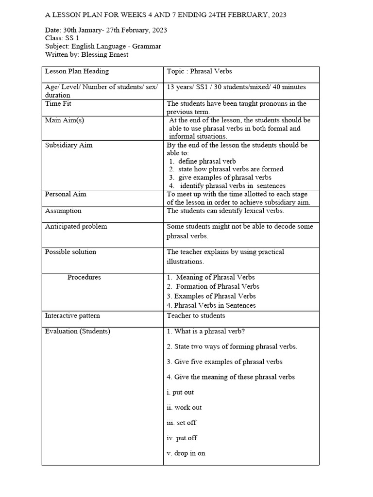 Second Term SS1 Grammar 2021-2022 WK4&6. | PDF | Preposition And ...