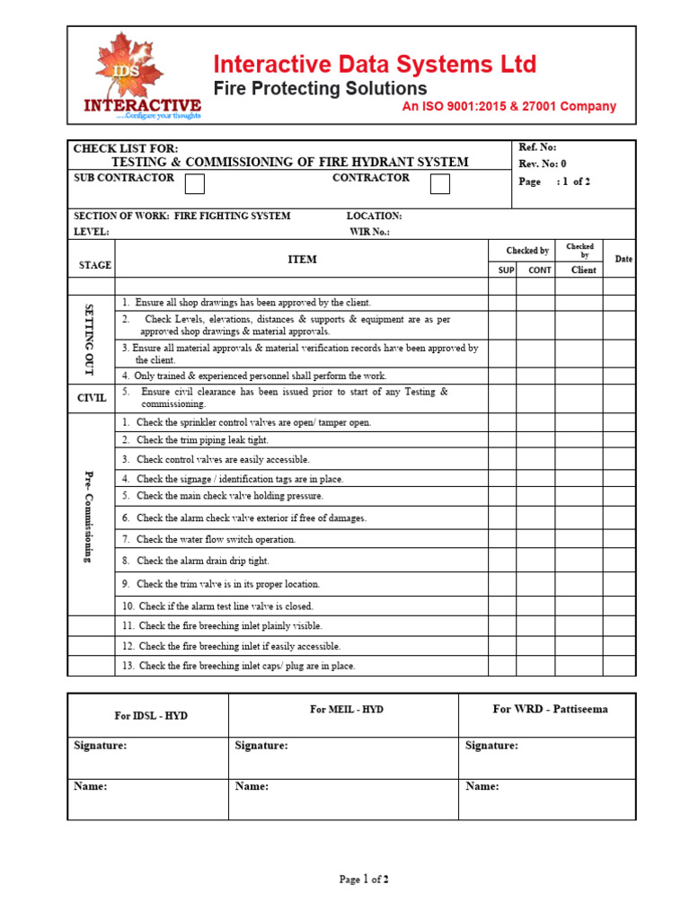 Fire Hydrant System Commissioning Checklist | PDF | Fire Sprinkler ...