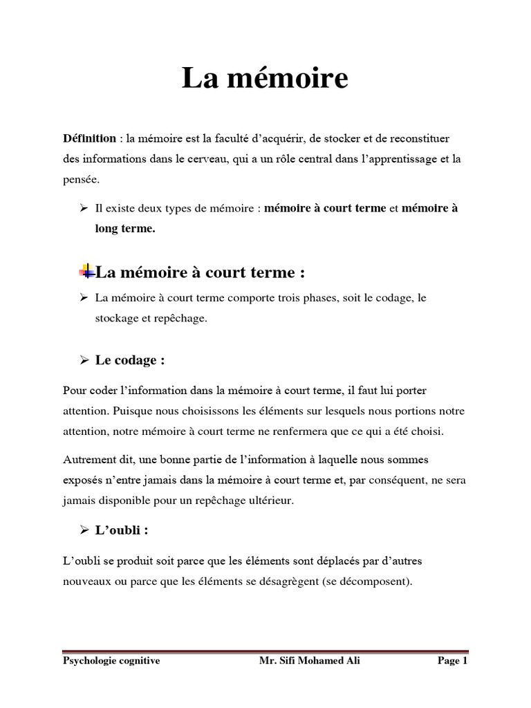 Définition et types de mémoire | PDF | Mémoire | Mémoire à long terme