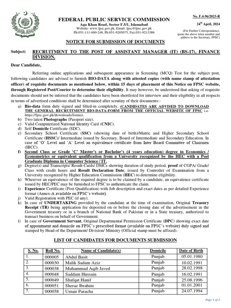 FPSC Notice: Assistant Manager (IT) Documents | PDF | Educational Stages