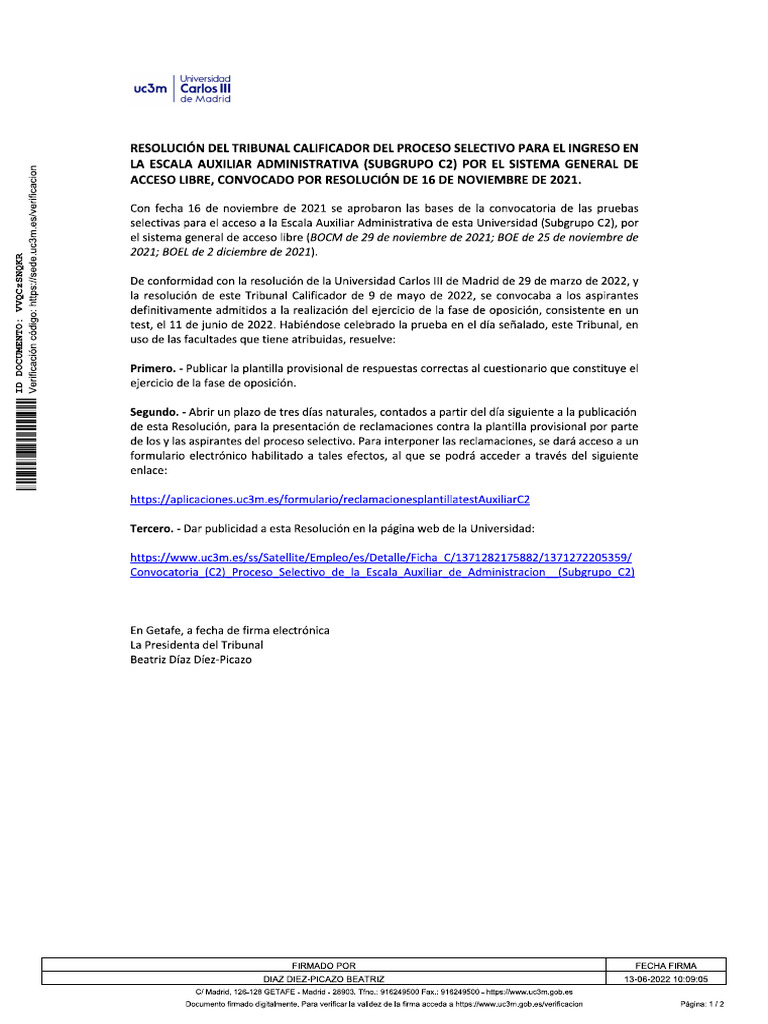 Plantilla Auxiliar Uc3m 2021 | PDF