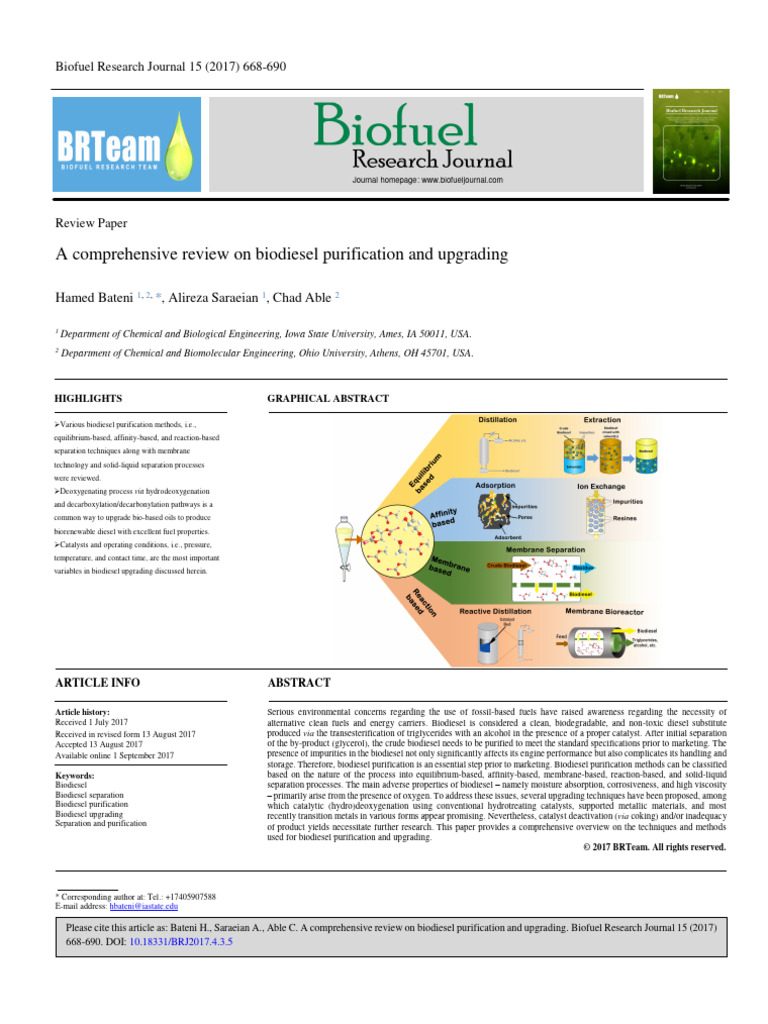 A Comprehensive Review On Biodiesel Purification and Upgrading | PDF ...