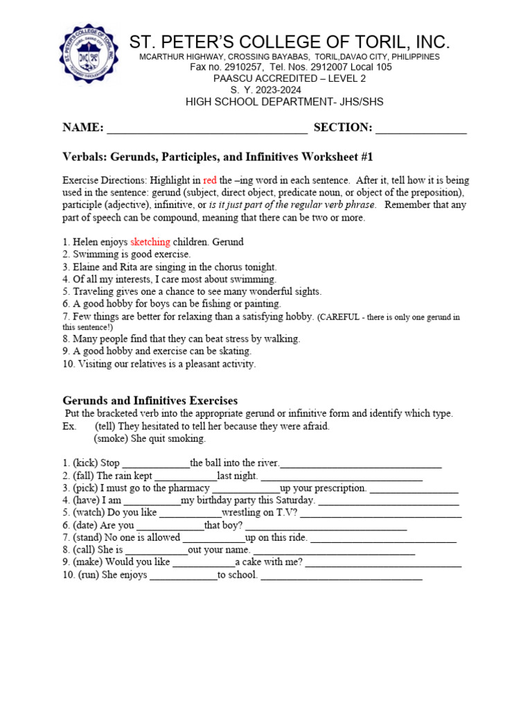 Verbals Worksheet PDF Verb Semantics