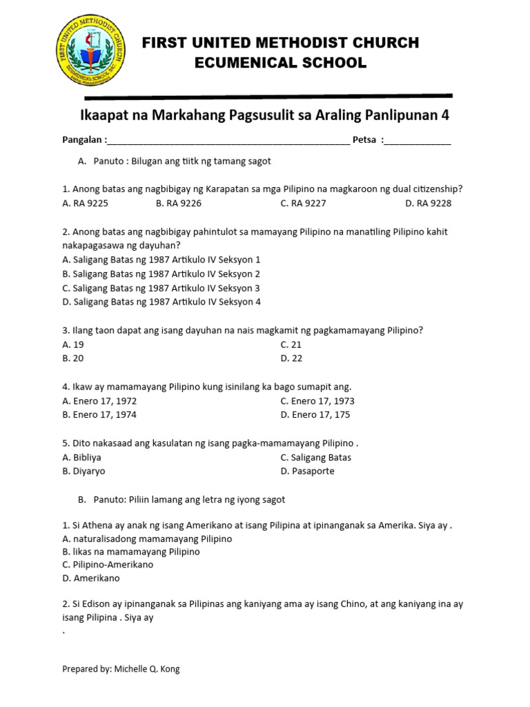 Ikaapat Na Markahang Pagsusulit Sa Araling Panlipunan 4 | PDF