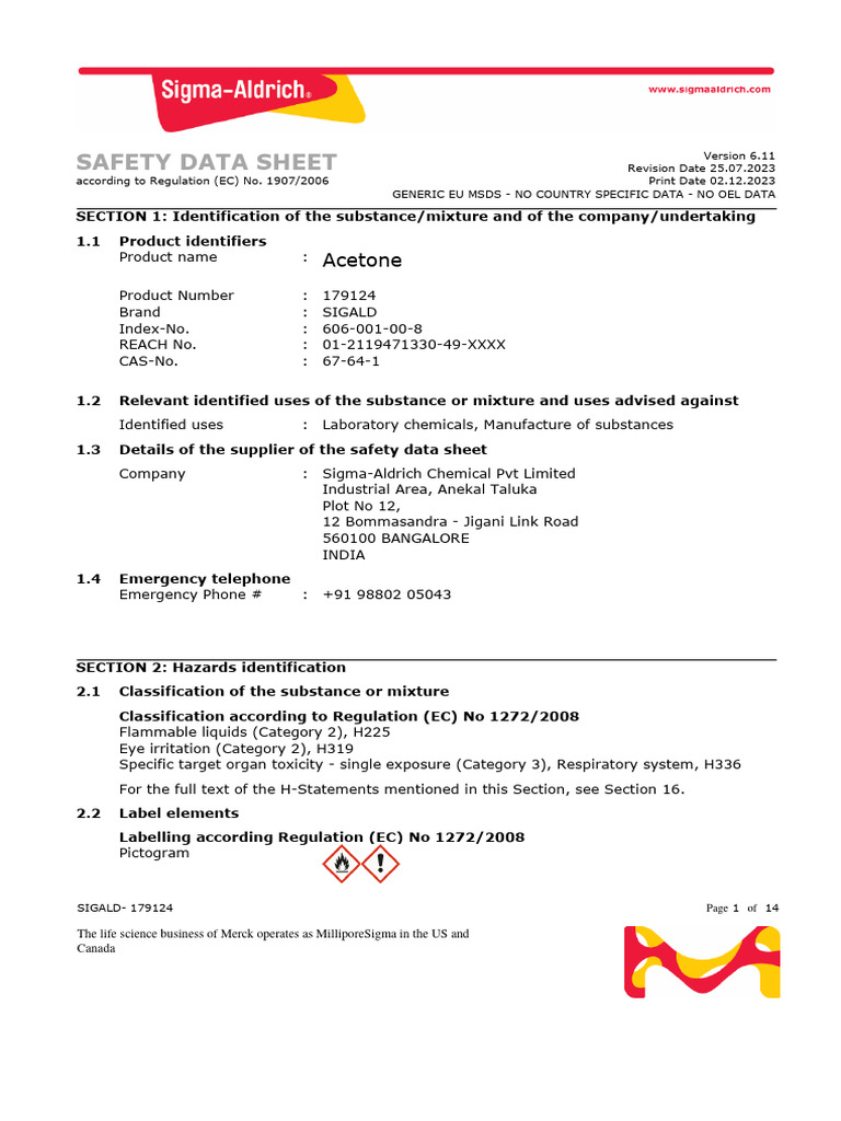 ACETONE - Sigma Aldrich - MSDS | PDF | Dangerous Goods | Occupational ...