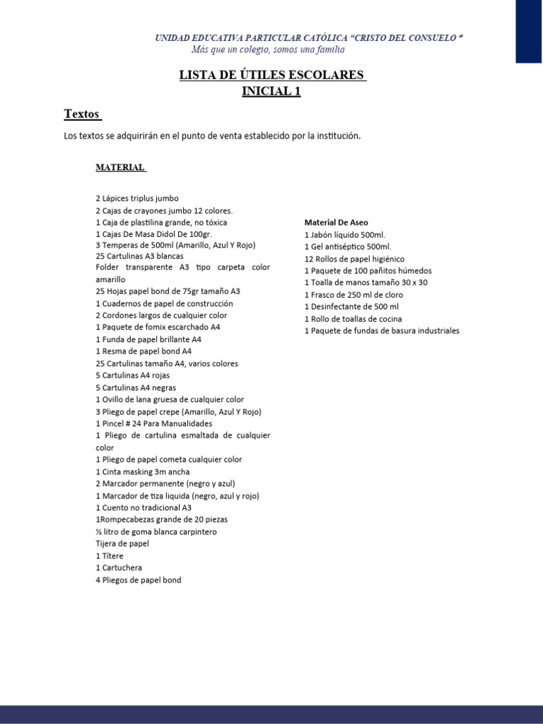 Lista de Útiles Escolares | PDF | Cuaderno | Papel