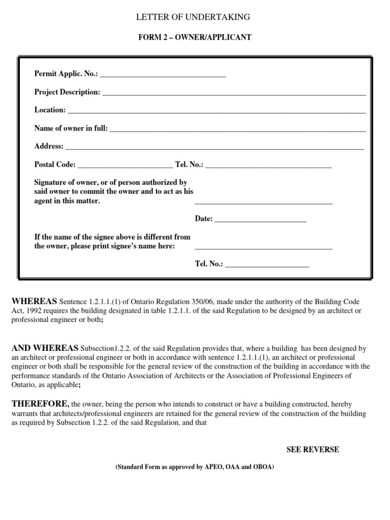 Ontario Building Permit Undertaking Form | PDF | Specification ...
