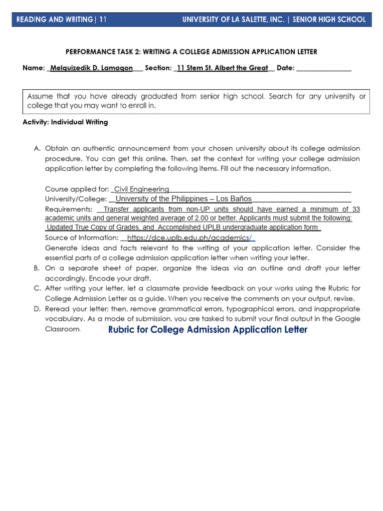 College Admission Letter for Civil Engineering | PDF | Sustainability ...