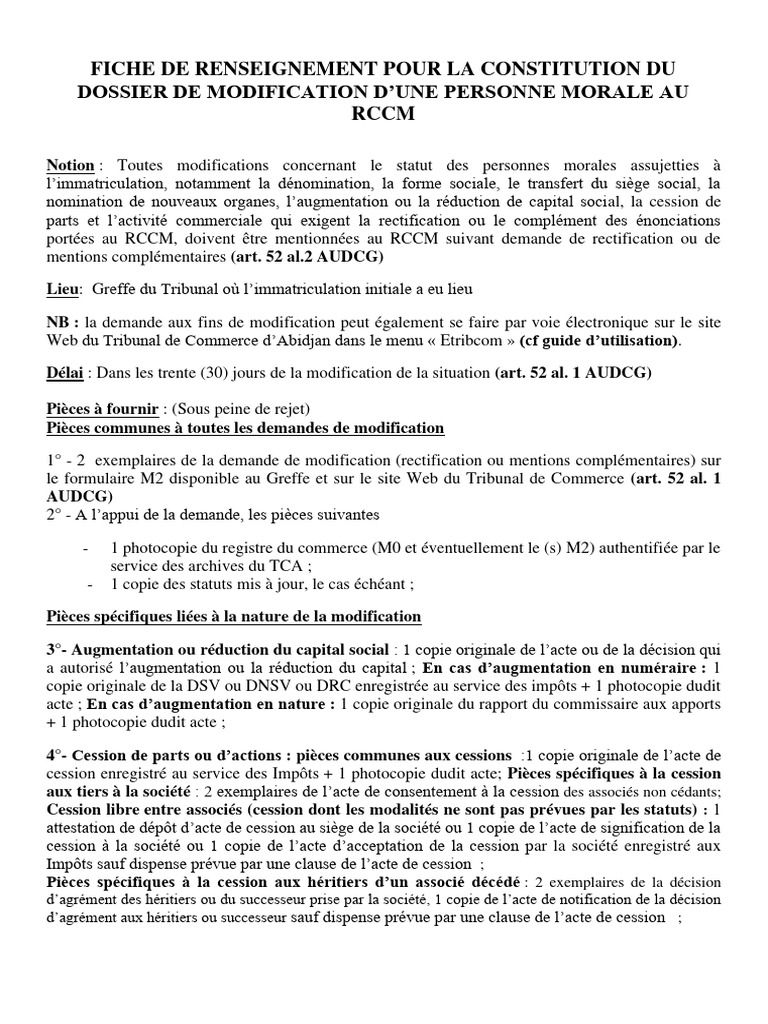 Modification du RCCM en Côte d'Ivoire | PDF