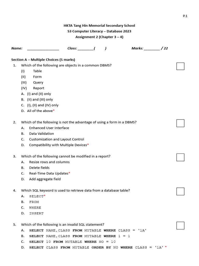 S3 Database (2023) - Assignment 2 (Teacher Verison) | PDF | Databases | Sql