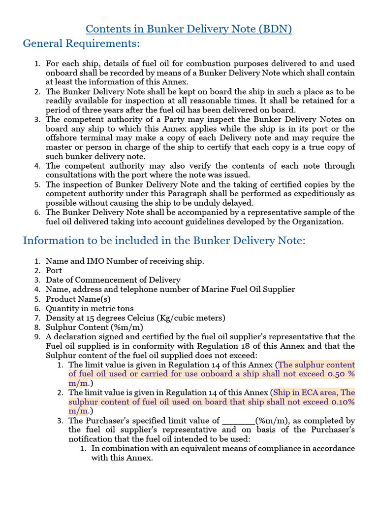 Bunker Delivery Note (BDN) Requirements | PDF | Fuel Oil | Petroleum