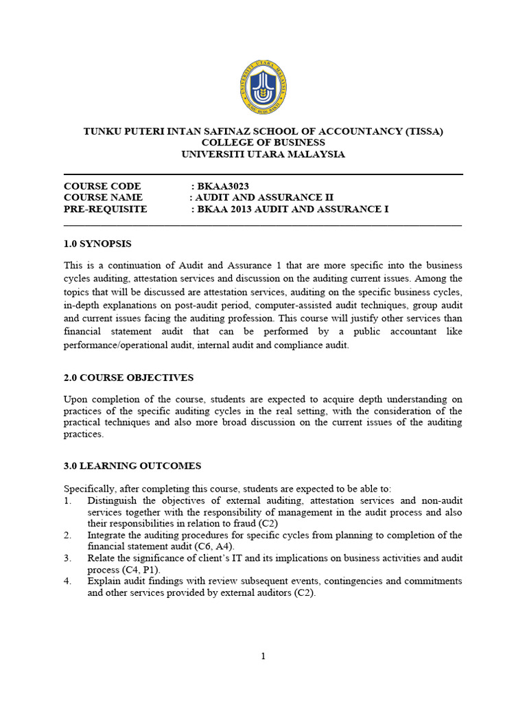 A222 BKAA3023 Syllabus For Students | PDF | Audit | Internal Control