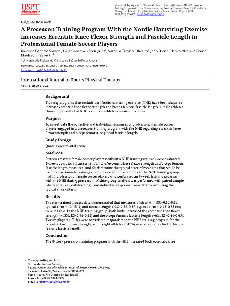 A Preseason Training Program With The Nordic Hamstring Exercise ...