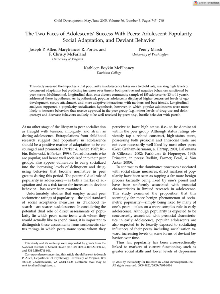 Adolescent Popularity and Behavior Dynamics | PDF | Adolescence ...