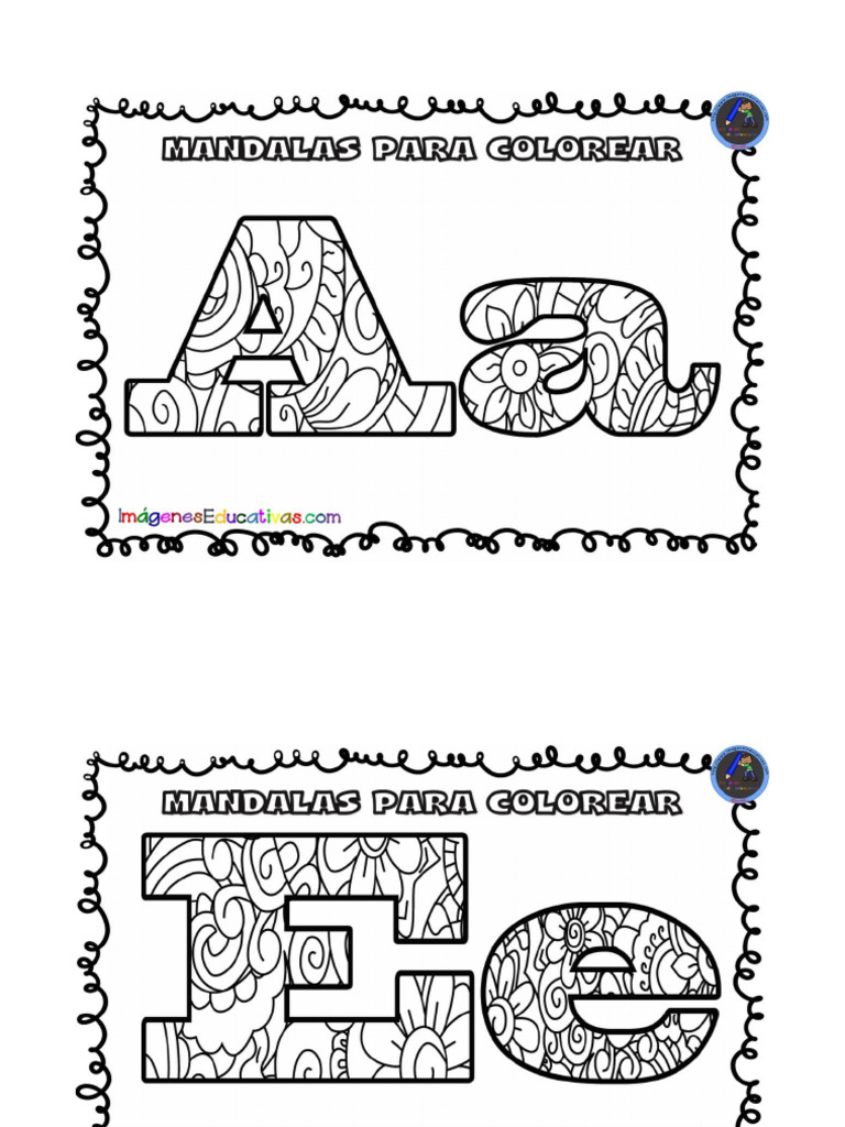 Varios mandalas de vocales, con las letras E, I, O, U y diseños geométricos