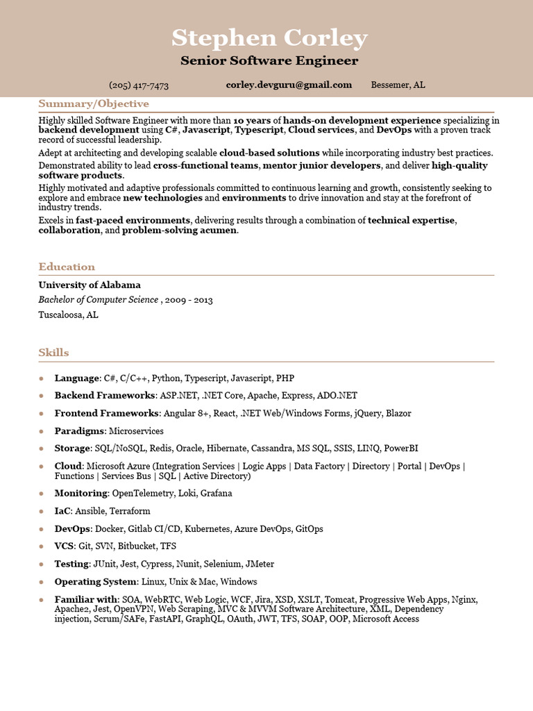 Stephen Corley: Senior Software Engineer Profile | PDF | Databases ...