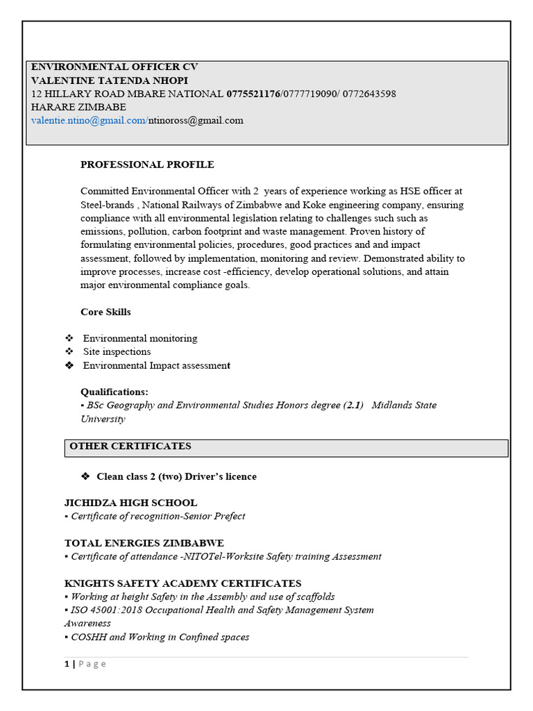 Environmental Officer CV: Valentine Nhopi | PDF | Occupational Safety ...
