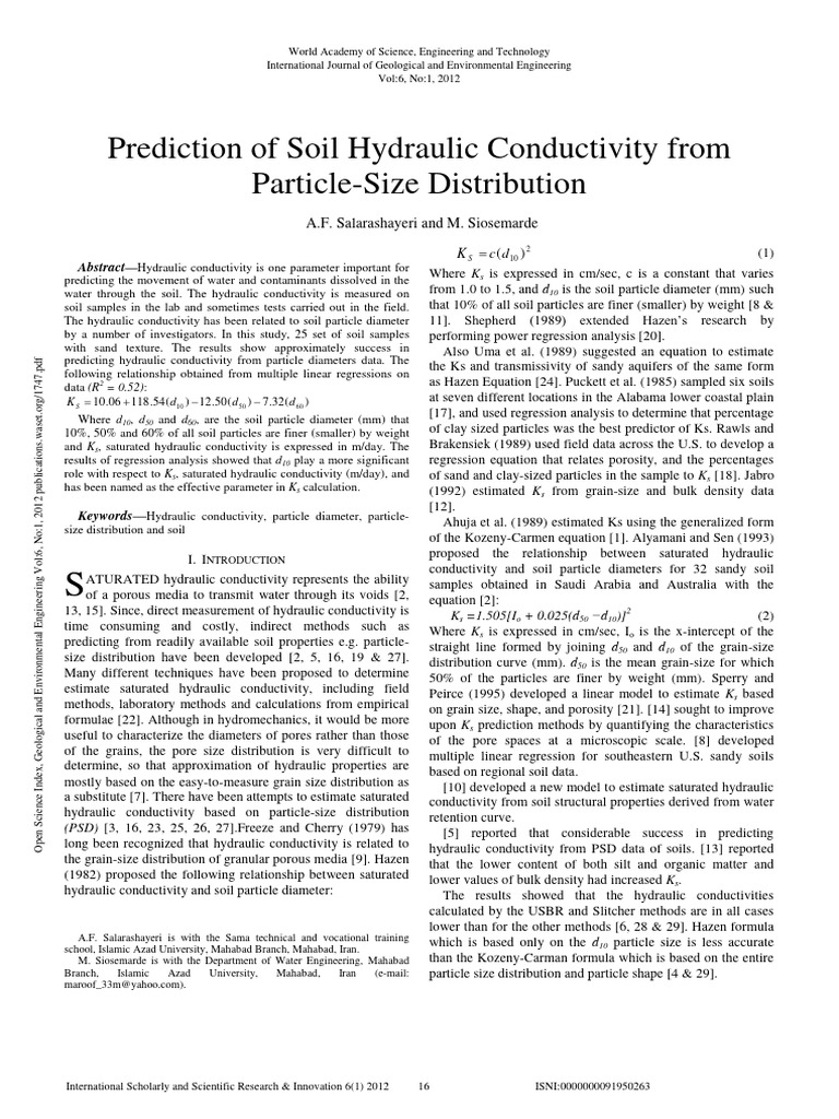 Predicting Hydraulic Conductivity from PSD | PDF | Porosity | Root Mean ...