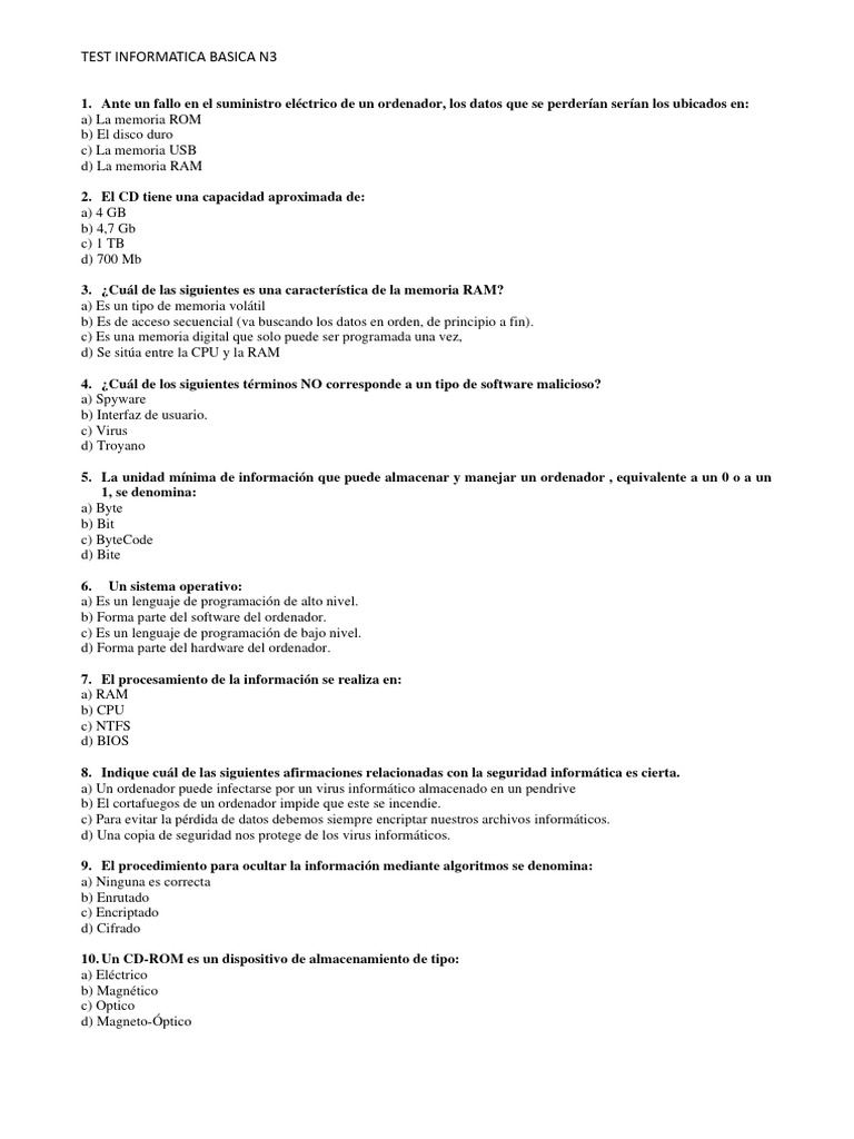 Test de Informática Básica N3 | PDF | Almacenamiento de datos de la ...