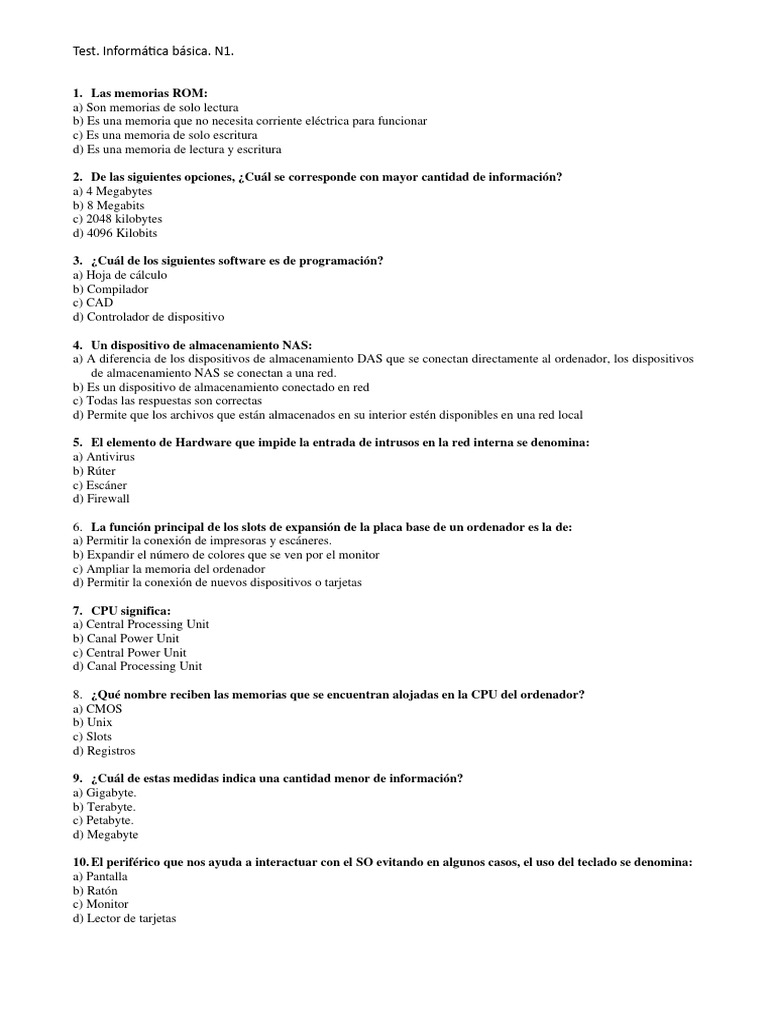 Test de Informática Básica Nivel 1 | PDF | Hardware de la computadora ...