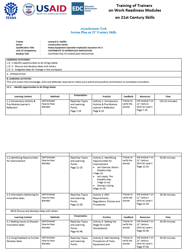 21st Session Plan - Heavy Equipment Operation Hydraulic Excavator NC II ...