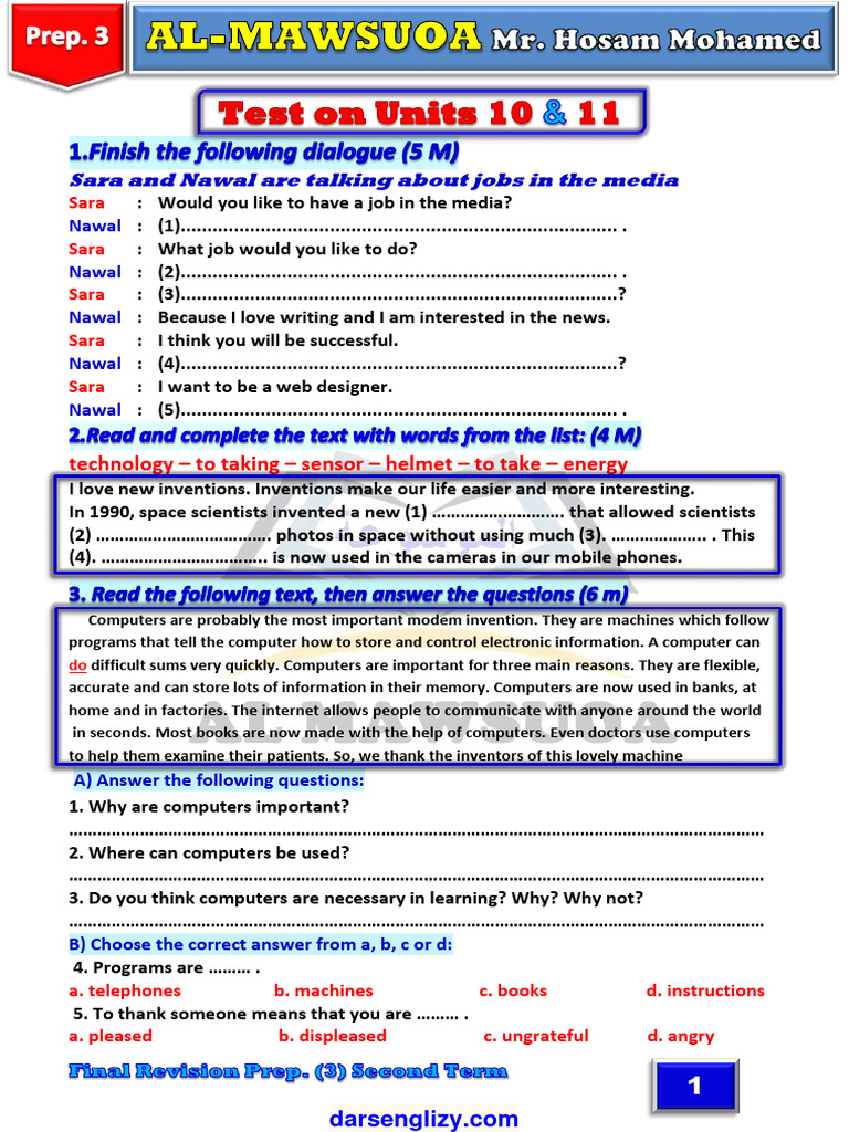 Test On Units 10 & 11 Prep.3 Second Term | PDF | Linguistics