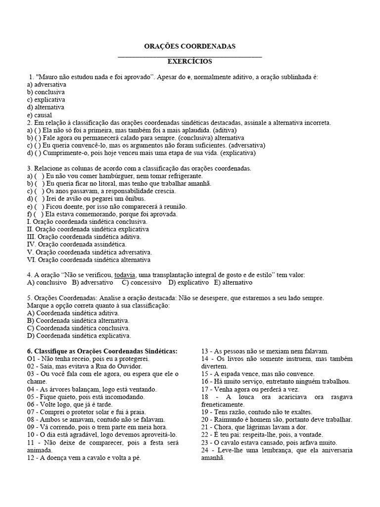 Exercícios sobre Orações Coordenadas | PDF | Sintaxe