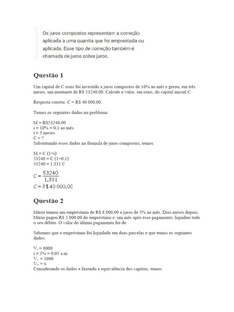 Questão JUROS COMPOSTOS | PDF | Juros | Comprovante de depósito