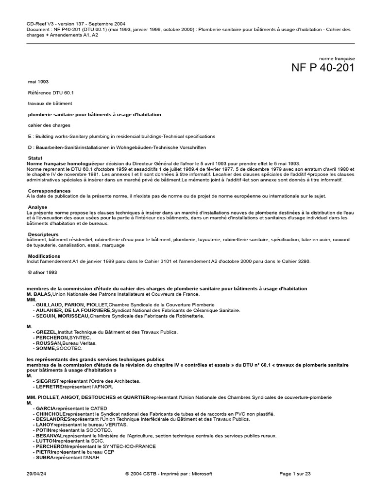 Norme DTU 60.1 : Plomberie Sanitaire | PDF | Tuyau | Robinet (plomberie)