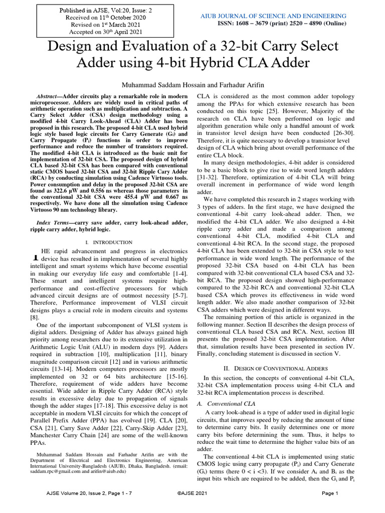 Design and evaluation of a 32 bit carry select add pdf computer