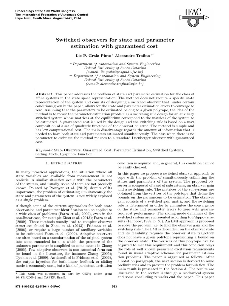 Switched Observers For State and Parameter Estimation - 2014 - IFAC ...