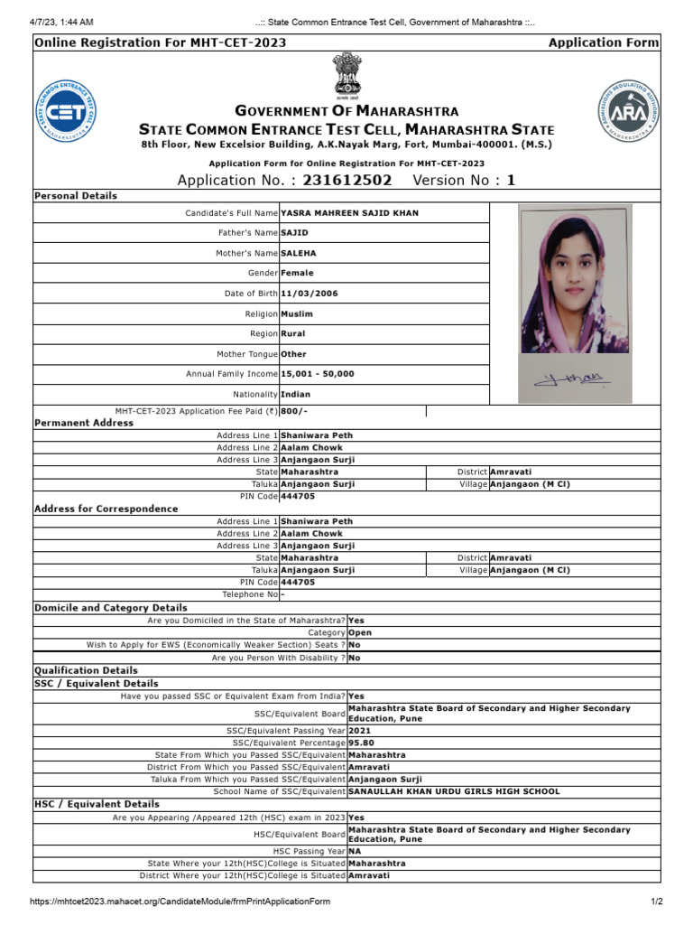 MHT-CET 2023 Online Registration Form | PDF | Schools | Vocational ...