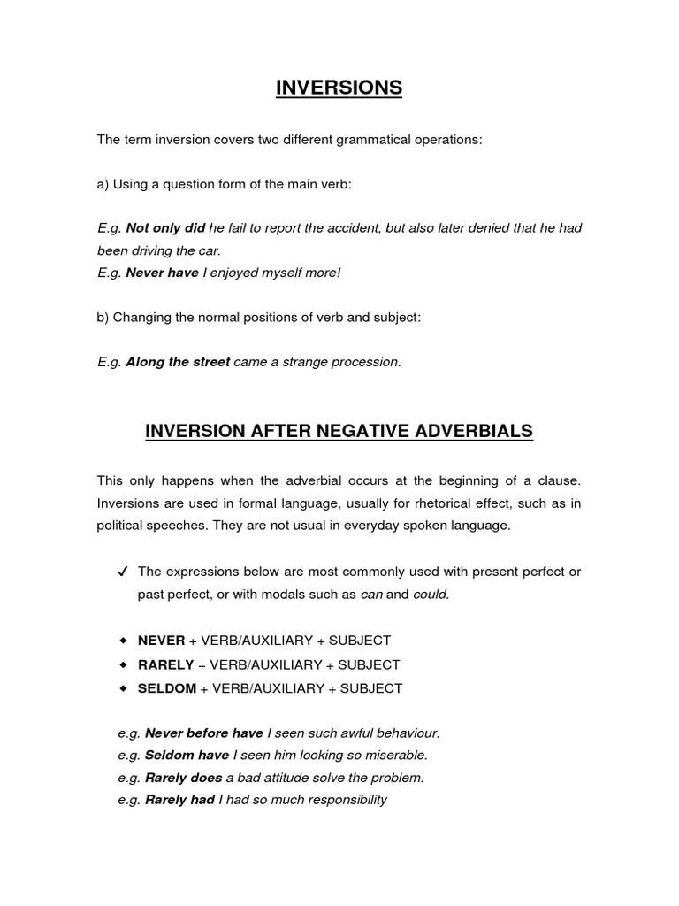 Negative Adverbial Inversion Explained | PDF | Verb | Languages