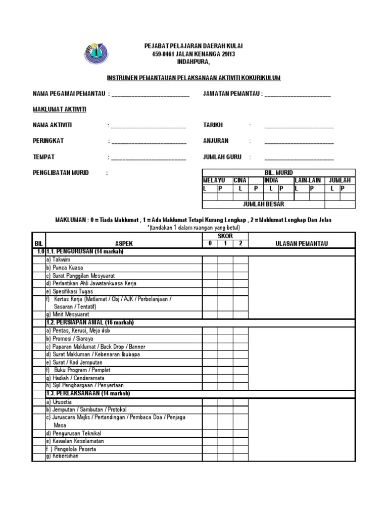 Borang Pemantauan Perlaksanaan Aktiviti Kokurikulum P Kat Sekolah Pdf