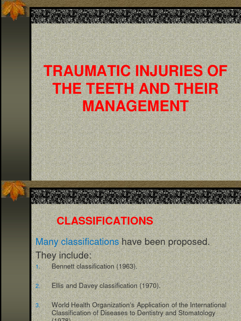 Classifications of Dental Trauma | PDF | Human Tooth | Tooth Enamel