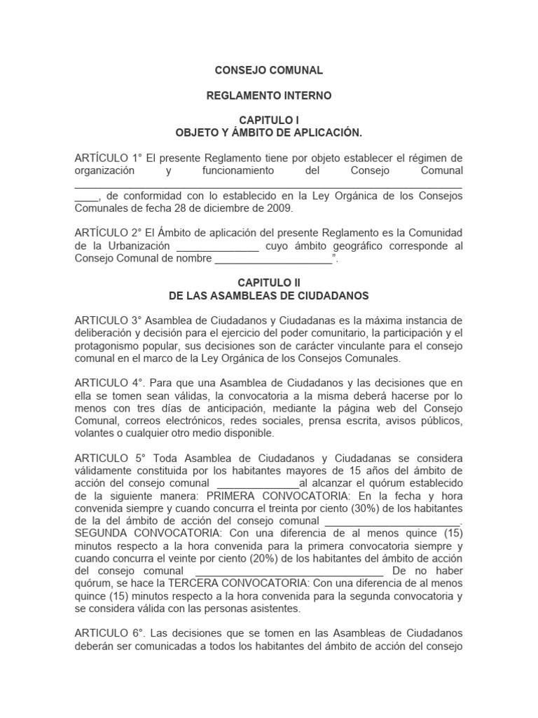 Reglamento Interno del Consejo Comunal | PDF | Quórum | Condominio
