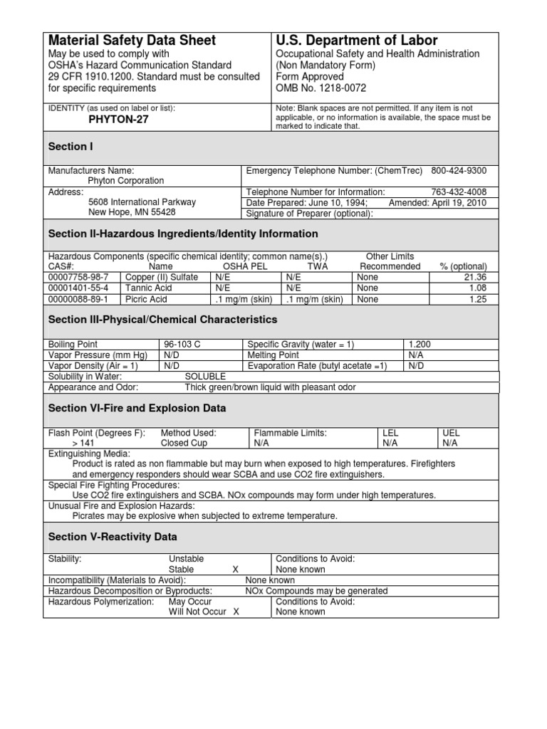 Phyton-27 Material Safety Data Sheet | PDF | Chemistry | Safety