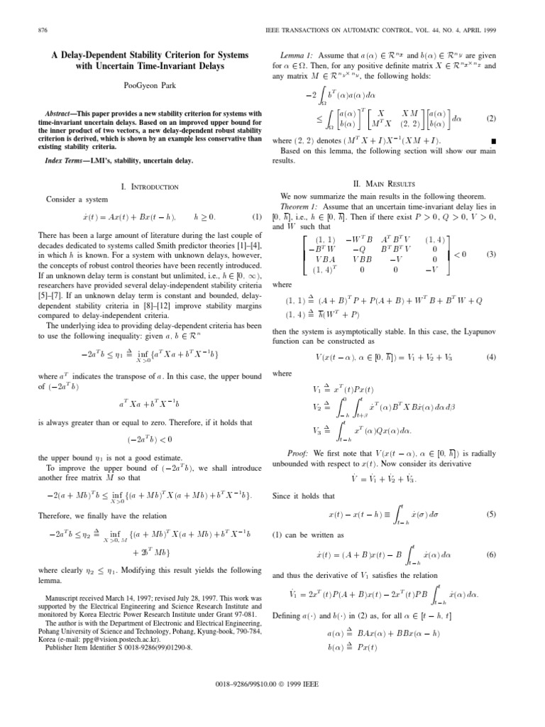Delay-Dependent Stability for Uncertain Systems | PDF | Linear Algebra ...