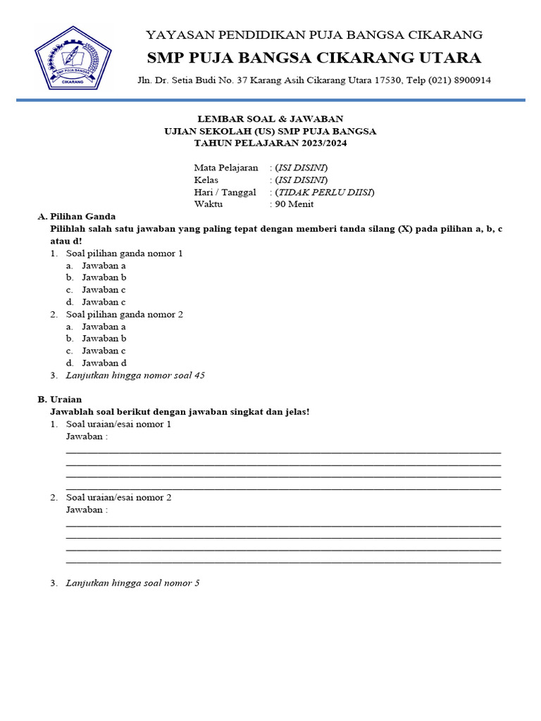 Format Soal Ujian SMP 2023/2024 | PDF