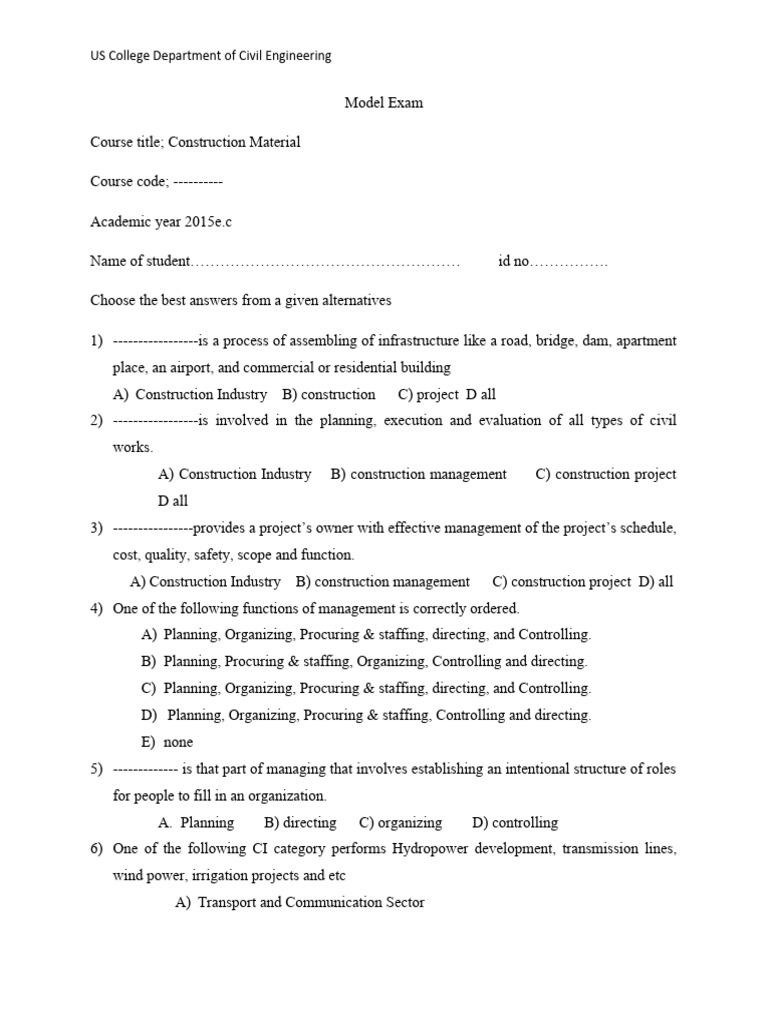 Civil Engineering Exam: Construction Materials | PDF | Project ...