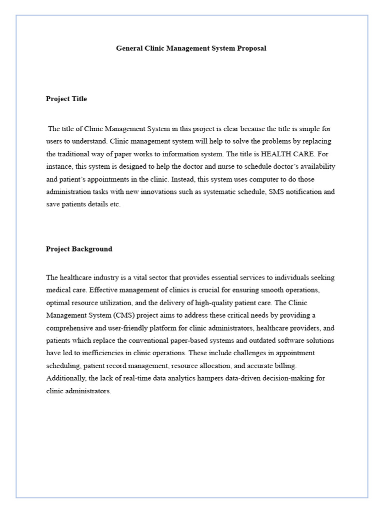 Clinic Management System Proposal | PDF | Health Care | Nursing