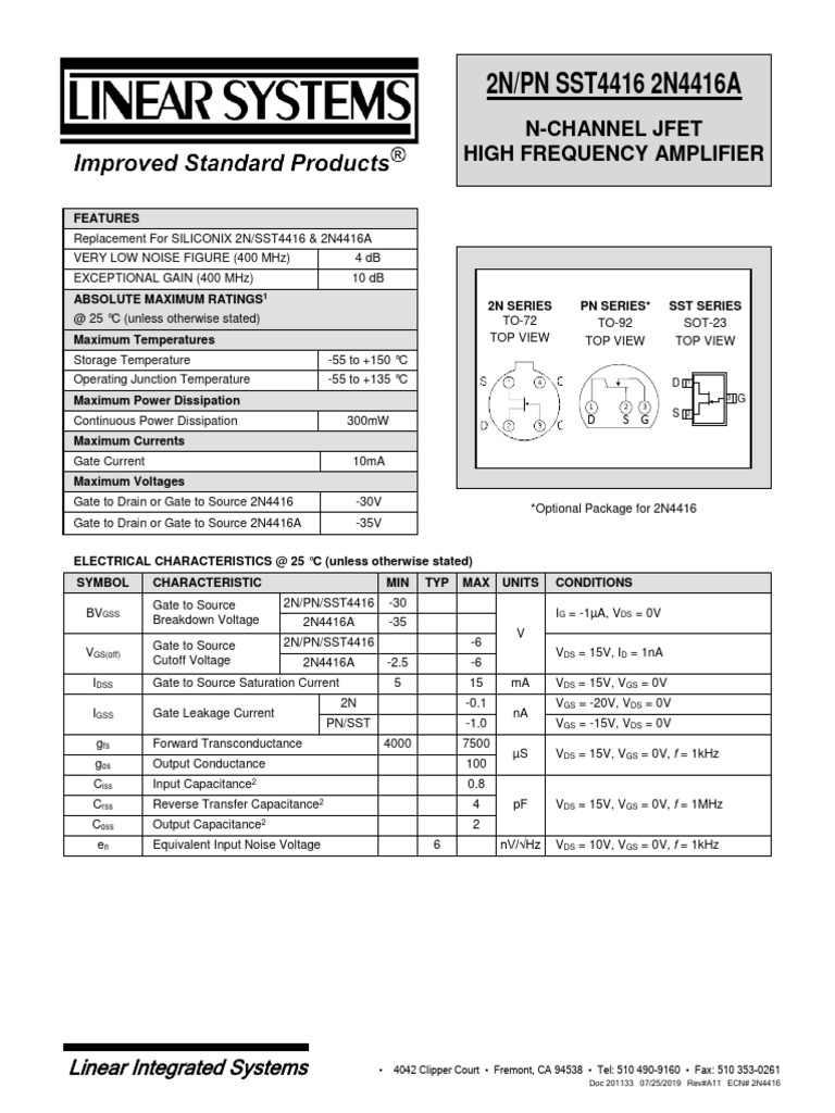 2N4416A & SST4416 JFET Datasheet | PDF | Field Effect Transistor ...