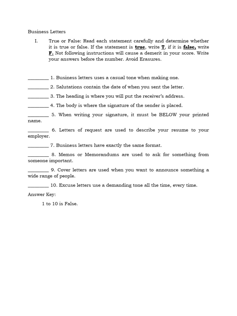 Business Letters Quiz PDF